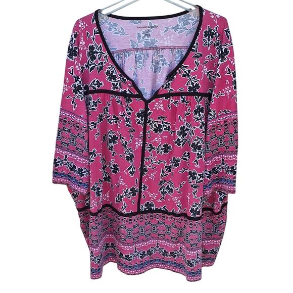 Woman Within 4x Pink & Black Floral V-neck 3/4 Sleeve Lightweight Blouse - Picture 1 of 5